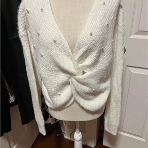 Cute White Sweater with Pearl Accents